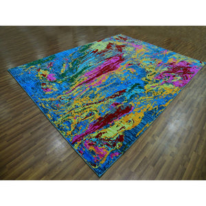 9'x11'9" Hot Pink with Sapphire Blue, Modern Design, Hand Knotted, Soft to the Touch, Pure Wool, Oriental Rug FWR479622