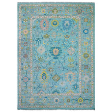 Load image into Gallery viewer, 10&#39;2&quot;x14&#39; Turquoise Blue, All Over Leaf Pattern, Oushak and Weave Design, Hand Knotted, Pure Wool, Lush and Plush, Oriental Rug FWR479652