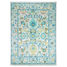 Load image into Gallery viewer, 10&#39;2&quot;x14&#39; Frost Ivory with Turquoise Blue and Green, Hand Knotted, Oushak Weave and Design, Pure Wool, Lush Pile, Oriental Rug FWR479682