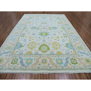 10'3"x13'10" Powder White, Oushak Weave and Design, All Over Leaf Pattern, Hand Knotted, Pure Wool, Plush and Lush, Oriental Rug FWR479688