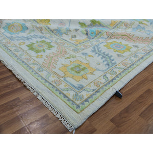 10'3"x13'10" Powder White, Oushak Weave and Design, All Over Leaf Pattern, Hand Knotted, Pure Wool, Plush and Lush, Oriental Rug FWR479688