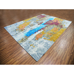 9'10"x13'8" Misty Gray, Colorful Modern Abstract Design, 100% Wool, Hand Knotted, Soft to the Touch, Oriental Rug FWR479766