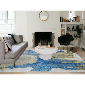 10'2"x13'8" Powder White, Modern Abstract Design, Hand Knotted, 100% Wool, Lush Pile, Oriental Rug FWR479772