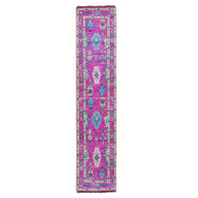 Load image into Gallery viewer, 2&#39;7&quot;x11&#39;10&quot; Hot Pink, Hand Knotted, Oushak Weave and Design with Colorful Leaf Pattern, Pure Wool, Lush Pile, Runner, Oriental Rug FWR479802