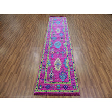 Load image into Gallery viewer, 2&#39;7&quot;x11&#39;10&quot; Hot Pink, Hand Knotted, Oushak Weave and Design with Colorful Leaf Pattern, Pure Wool, Lush Pile, Runner, Oriental Rug FWR479802