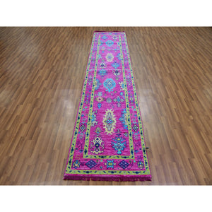 2'7"x11'10" Hot Pink, Hand Knotted, Oushak Weave and Design with Colorful Leaf Pattern, Pure Wool, Lush Pile, Runner, Oriental Rug FWR479802