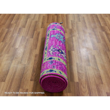 Load image into Gallery viewer, 2&#39;7&quot;x11&#39;10&quot; Hot Pink, Hand Knotted, Oushak Weave and Design with Colorful Leaf Pattern, Pure Wool, Lush Pile, Runner, Oriental Rug FWR479802