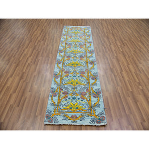 2'8"x9'5" Blueish Gray, William Morris Inspired Arts and Crafts Design, Natural Wool, Hand Knotted, Thick and Plush, Runner, Oriental Rug FWR479808