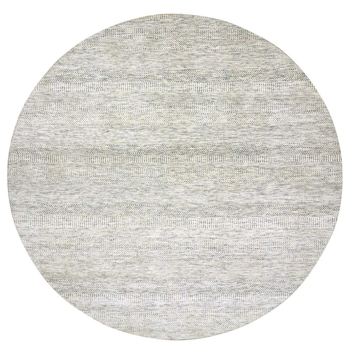 14'x14' Pristine White, Extra Soft Wool, Hand Knotted Modern Grass Design, Tone on Tone, Organic Sustainable Textile, Round Oriental Rug FWR479832