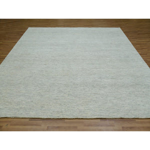 10'x10' Snowbound White, Soft and Shiny Wool, Organic Sustainable Textile, Modern Grass Design, Tone on Tone, Hand Knotted Borderless Square Oriental Rug FWR479868