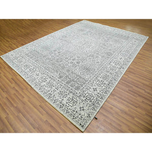 9'x12'2" Diamond White, Mamluk Dynasty Pattern, Tone on Tone, Undyed Vibrant Wool, Hand Knotted, Oriental Rug FWR479922