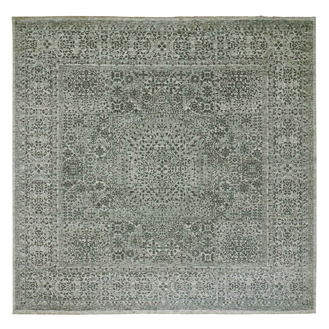 10'x10' Duck White and Rusty Gray, Hand Knotted Undyed Mamluk Dynasty Pattern, Tone on Tone, Shiny Wool, Oriental Square Rug FWR479928