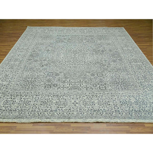 10'x10' Duck White and Rusty Gray, Hand Knotted Undyed Mamluk Dynasty Pattern, Tone on Tone, Shiny Wool, Oriental Square Rug FWR479928