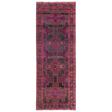 Load image into Gallery viewer, 3&#39;5&quot;x9&#39;5&quot; Hot Pink and Purple, Hand Knotted Vintage Persian Hamadan, Sheared Low Distressed Look Worn Wool, Wide Runner Oriental Rug FWR486378