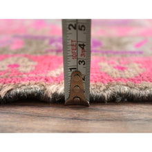 Load image into Gallery viewer, 3&#39;5&quot;x9&#39;5&quot; Hot Pink and Purple, Hand Knotted Vintage Persian Hamadan, Sheared Low Distressed Look Worn Wool, Wide Runner Oriental Rug FWR486378