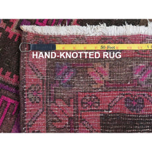 Load image into Gallery viewer, 3&#39;5&quot;x9&#39;5&quot; Hot Pink and Purple, Hand Knotted Vintage Persian Hamadan, Sheared Low Distressed Look Worn Wool, Wide Runner Oriental Rug FWR486378