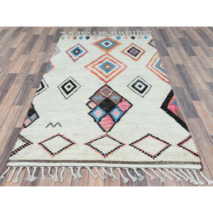 4'x6'4" Ivory, Moroccan Berber Influence with Geometric Medallions , Natural Dyes, Extra Soft Wool, Hand Knotted, Oriental Rug FWR497862