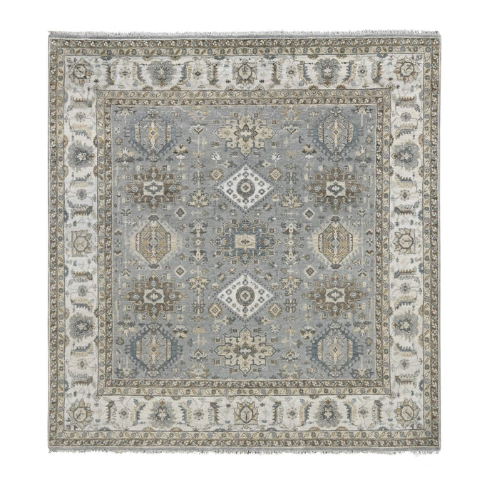 8'x8' Gray and Ivory, Karajeh Design with Geometric Medallion, Natural Wool, Square Oriental Rug FWR505230