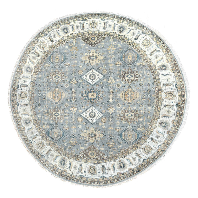 9'x9' Blue Gray and Pearl White, Hand Knotted, Extra Soft Wool, Round, Karajeh Design with Geometric Medallion, Natural Dyes, Oriental Rug FWR506490