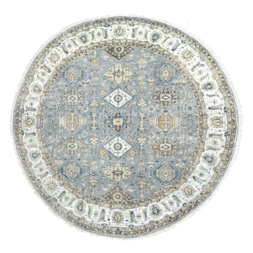 9'x9' Blue Gray and Pearl White, Hand Knotted, Extra Soft Wool, Round, Karajeh Design with Geometric Medallion, Natural Dyes, Oriental Rug FWR506490