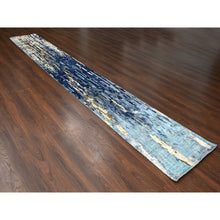 Load image into Gallery viewer, 2&#39;6&quot;x17&#39;9&quot; Prussian Blue, Denser Weave, Wool and Silk, Mosaic Design with Mix of Gold, Hand Knotted Persian Knot, XL Runner Oriental Rug FWR508344