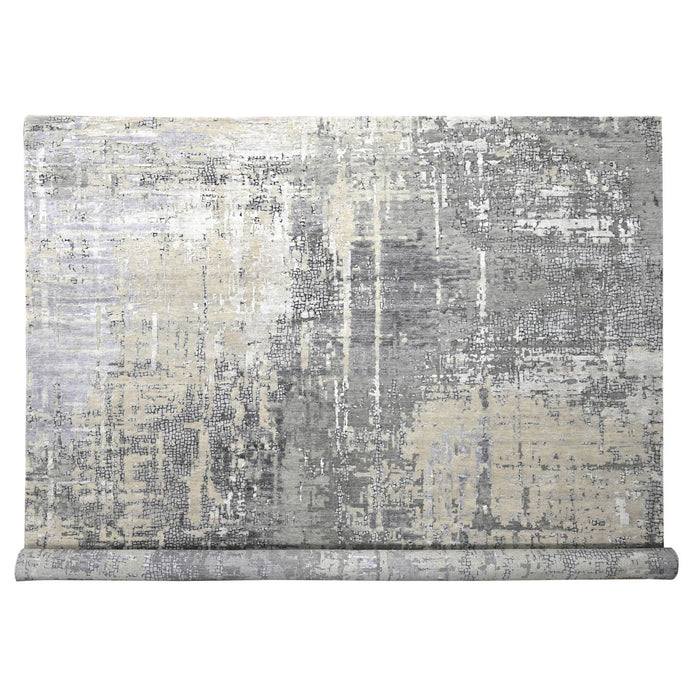 12'x12' Battleship Gray, Abstract Persian Knot with Mosaic Design, Wool and Silk, Hand Knotted, Dense Weave, Square Oriental Rug FWR508518