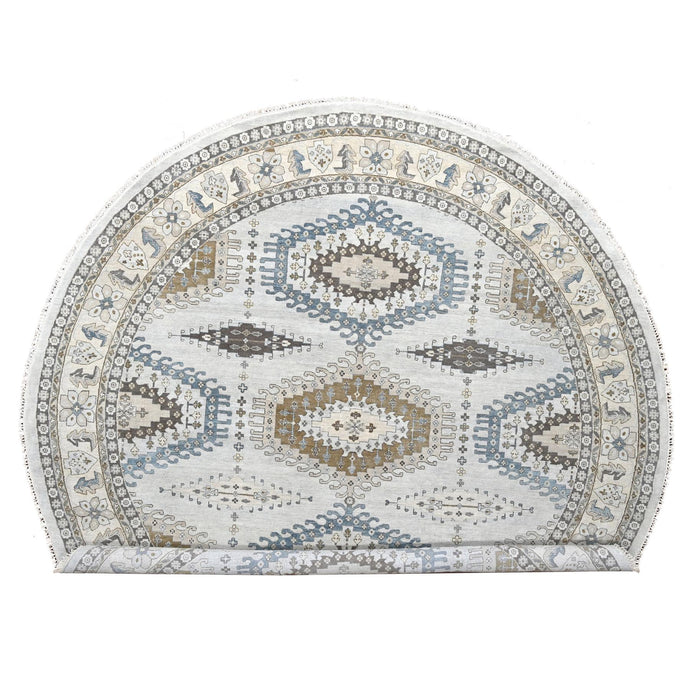 12'x12' Cloud Gray, Densely Woven, Hand Knotted Persian Village Influence with Geometrical Medallions, Vegetable Dyes Extra Soft Wool, Round Oriental Rug FWR508572