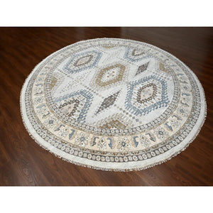 12'x12' Cloud Gray, Densely Woven, Hand Knotted Persian Village Influence with Geometrical Medallions, Vegetable Dyes Extra Soft Wool, Round Oriental Rug FWR508572