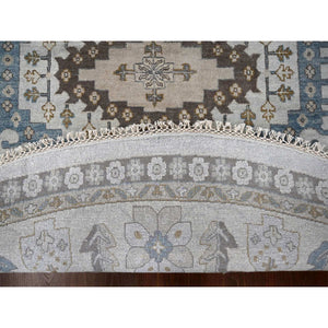 12'x12' Cloud Gray, Densely Woven, Hand Knotted Persian Village Influence with Geometrical Medallions, Vegetable Dyes Extra Soft Wool, Round Oriental Rug FWR508572