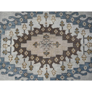 12'x12' Cloud Gray, Densely Woven, Hand Knotted Persian Village Influence with Geometrical Medallions, Vegetable Dyes Extra Soft Wool, Round Oriental Rug FWR508572