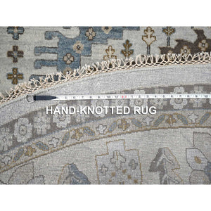 12'x12' Cloud Gray, Densely Woven, Hand Knotted Persian Village Influence with Geometrical Medallions, Vegetable Dyes Extra Soft Wool, Round Oriental Rug FWR508572