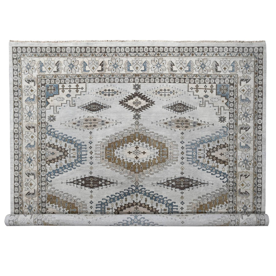 12'x12' Matte Silver Gray, Hand Knotted, Soft Wool, Natural Dyes, Persian Village with Geometric Motifs, Square Oriental Rug FWR508656