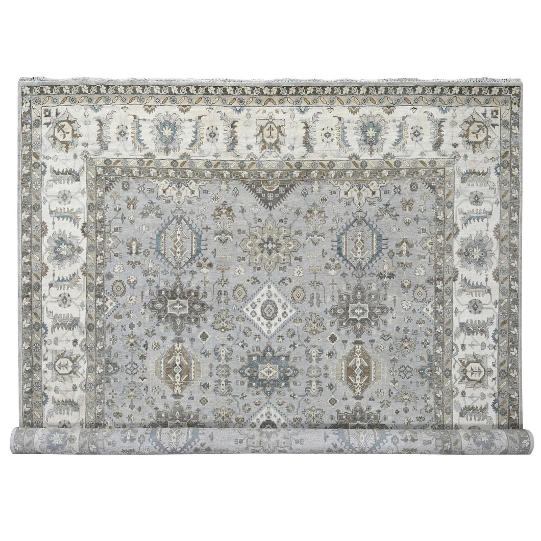 11'x11' Agreeable Gray and Delicate White, Karajeh with All Over Geometric Design, Hand Knotted, Squarish Oriental 100% Wool Rug FWR508788