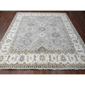 11'x11' Agreeable Gray and Delicate White, Karajeh with All Over Geometric Design, Hand Knotted, Squarish Oriental 100% Wool Rug FWR508788