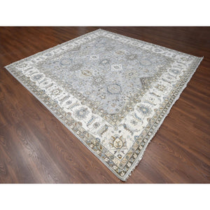 11'x11' Agreeable Gray and Delicate White, Karajeh with All Over Geometric Design, Hand Knotted, Squarish Oriental 100% Wool Rug FWR508788