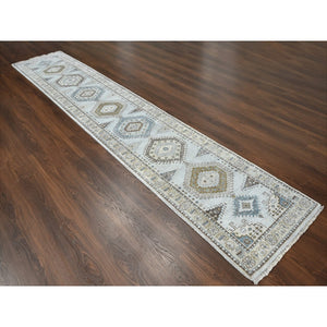 2'8"x14'1" Habor Haze Gray With Ivory Border, Extra Soft Wool, Natural Dyes, Denser Weave, Hand Knotted Persian Village Inspired Geometric Medallions Design, Soft Pile, Oriental Runner Rug FWR508980