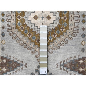 2'8"x14'1" Habor Haze Gray With Ivory Border, Extra Soft Wool, Natural Dyes, Denser Weave, Hand Knotted Persian Village Inspired Geometric Medallions Design, Soft Pile, Oriental Runner Rug FWR508980