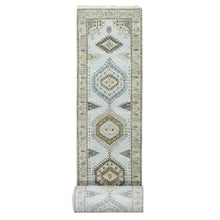 Load image into Gallery viewer, 2&#39;9&quot;x29&#39;10&quot; Skylight Gray, Pure Wool Persian Village Influence Design, Hand Knotted Large Geometrical Motifs, Denser Weave, Oriental XL Runner Rug FWR508986