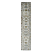 Load image into Gallery viewer, 2&#39;9&quot;x13&#39;8&quot; Snowbound White With American Silver Gray, Tribal Geometric Motifs Hand Knotted Karajeh Design, Vegetable Dyes, Soft Pile, 100% Wool, Runner Oriental Rug FWR509046