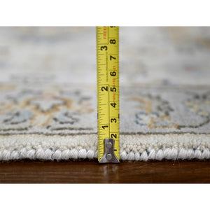 2'9"x13'8" Snowbound White With American Silver Gray, Tribal Geometric Motifs Hand Knotted Karajeh Design, Vegetable Dyes, Soft Pile, 100% Wool, Runner Oriental Rug FWR509046