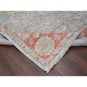 9'x11'10" Contented Green With Portia Red Border, Hand Knotted Lush and Plush Supple Collection, All Wool Soft Pile, Tone On Tone Oushak Design, Natural Dyes Oriental Rug FWR509358