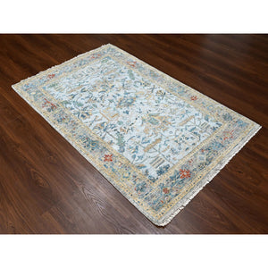 4'x5'10" Glacier Gray, Hand Knotted Organic Wool, Densely Woven, Broken and Erased Persian Heriz Design with Soft Color Pallet, Oriental Rug FWR509484