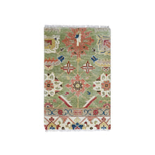 Load image into Gallery viewer, 2&#39;x3&#39; Fern Green, Soft and Vibrant Pile, Green Heriz All Over Design, Organic Wool, Hand Knotted, Mat Oriental Rug FWR509502