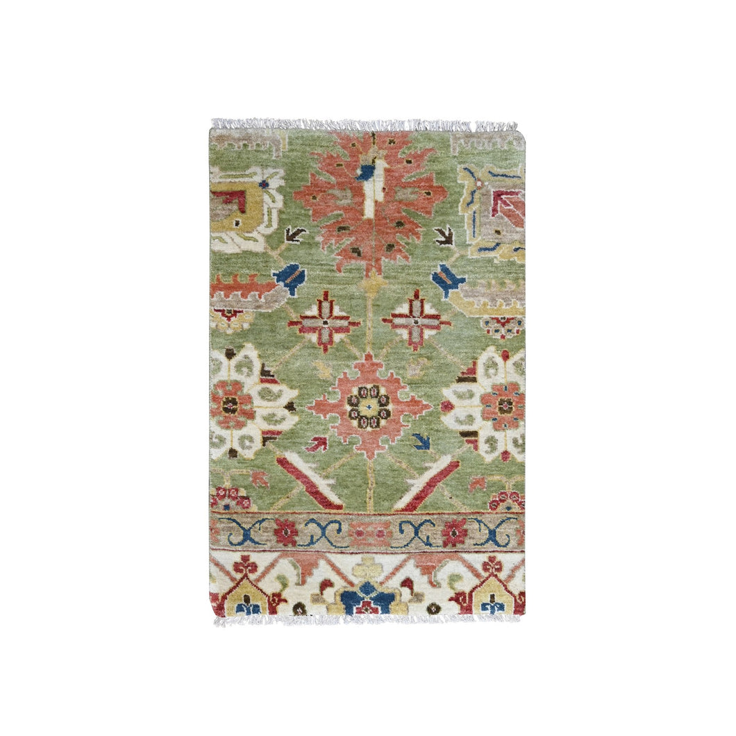 2'x3' Fern Green, Soft and Vibrant Pile, Green Heriz All Over Design, Organic Wool, Hand Knotted, Mat Oriental Rug FWR509502