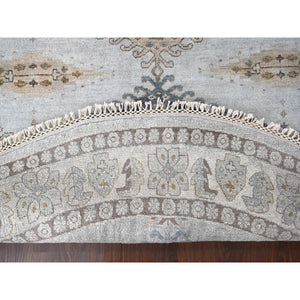 8'x8' Gossamer Veil Gray, Shiny Wool Densely Woven, Persian Village Influence Large Medallion Design, Natural Dyes, Hand Knotted Oriental Round Rug FWR509526