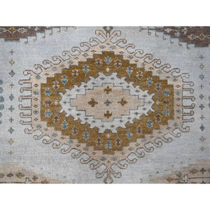 8'x8' Gossamer Veil Gray, Shiny Wool Densely Woven, Persian Village Influence Large Medallion Design, Natural Dyes, Hand Knotted Oriental Round Rug FWR509526