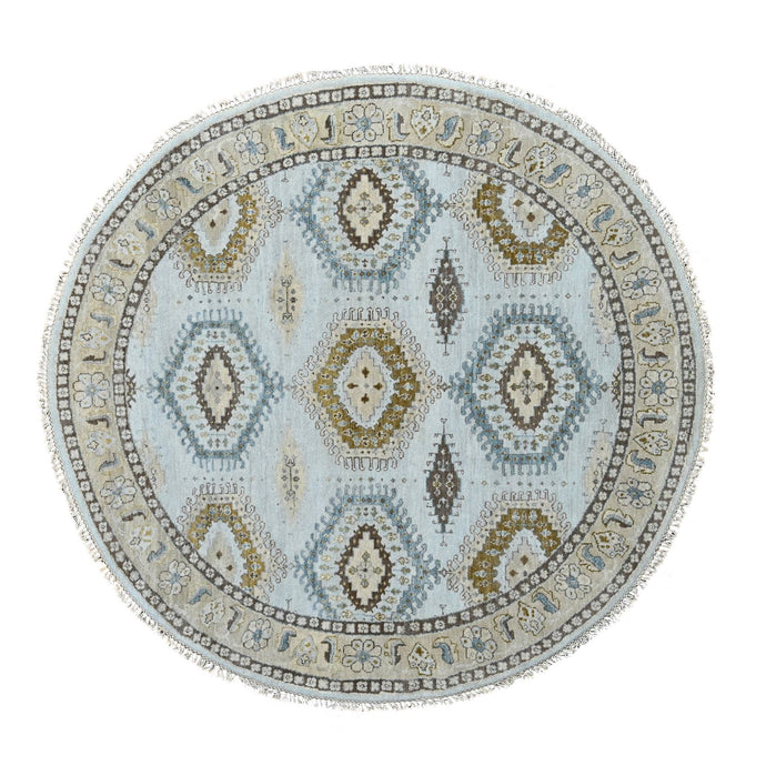 6'x6' Oyster Gray, Persian 100% Wool Village Inspired Geometric Diamond Pattern, Denser Weave, Hand Knotted Vegetable Dyes, Round Oriental Rug FWR509532