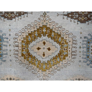 6'x6' Oyster Gray, Persian 100% Wool Village Inspired Geometric Diamond Pattern, Denser Weave, Hand Knotted Vegetable Dyes, Round Oriental Rug FWR509532