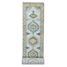 Load image into Gallery viewer, 2&#39;7&quot;x19&#39;9&quot; Rainwashed Gray With Alabaster White Border, Hand Knotted Pure Wool, Persian Village Influence With All Over Large Medallions, Natural Dyes, XL Runner Oriental Densely Woven Rug FWR509538