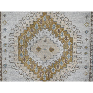 2'7"x19'9" Rainwashed Gray With Alabaster White Border, Hand Knotted Pure Wool, Persian Village Influence With All Over Large Medallions, Natural Dyes, XL Runner Oriental Densely Woven Rug FWR509538